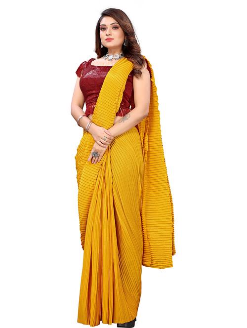 yellow solid woven saree with blouse - 19937710 - Very Small Image - 1