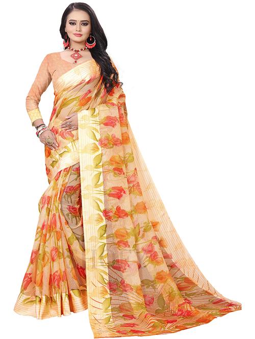 orange printed woven saree with blouse - 19937726 - Very Small Image - 1