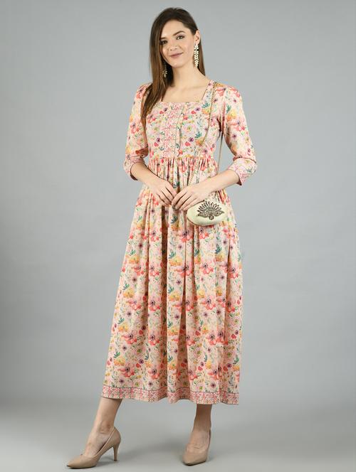 square neck printed a-line ethnic dress - 19937873 - Very Small Image - 1