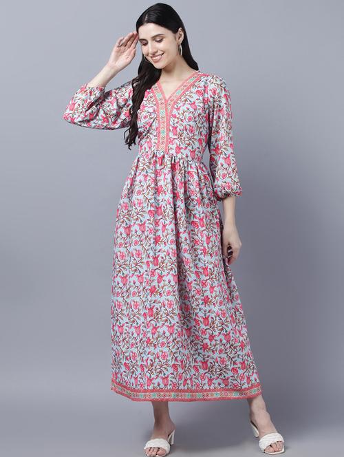 v neck printed a-line ethnic dress - 19937874 - Very Small Image - 1