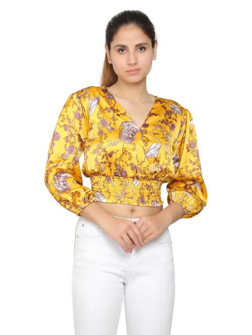 yellow printed puff sleeves crop top - 19938302 - Very Small Image - 1