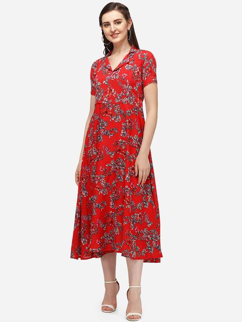 red printed lapel neck fit & flare dress - 19938607 - Very Small Image - 1