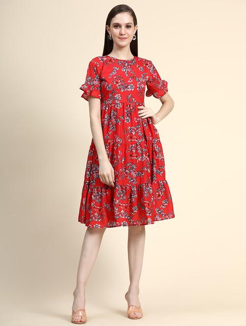 red floral print round neck fit & flare dress - 19938613 - Very Small Image - 1