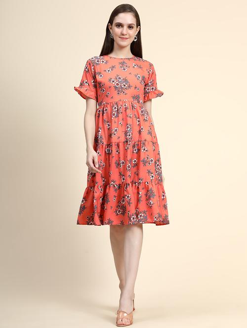 orange floral print round neck fit & flare dress - 19938615 - Very Small Image - 1
