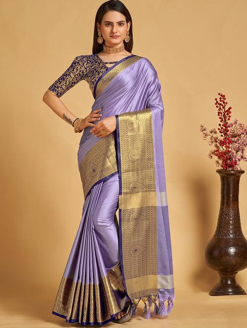 blue cotton blend banarasi saree with blouse - 19940703 - Very Small Image - 1