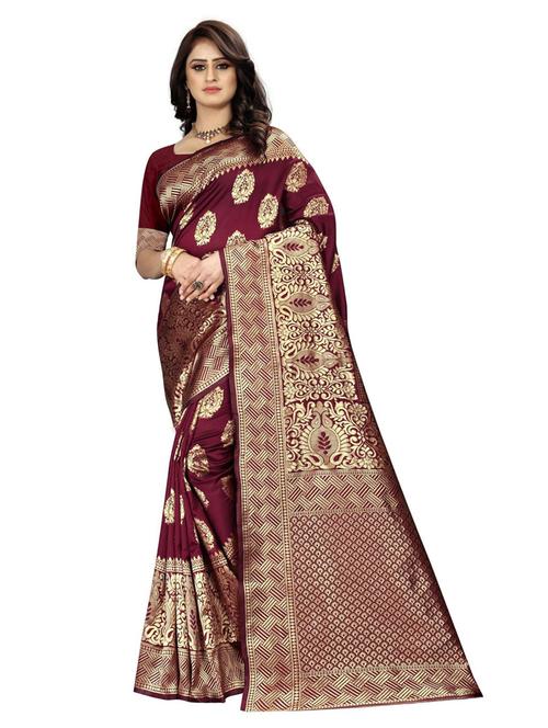 maroon silk blend banarasi saree with blouse - 19940758 - Very Small Image - 1