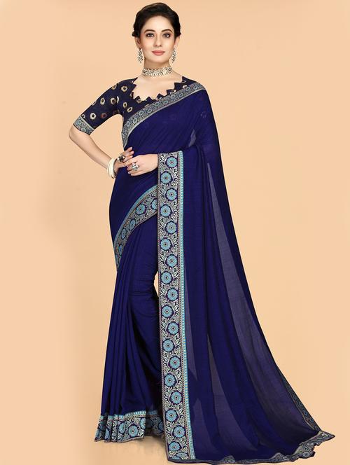 women's bordered navy blue colored saree with blouse - 19940848 - Very Small Image - 1