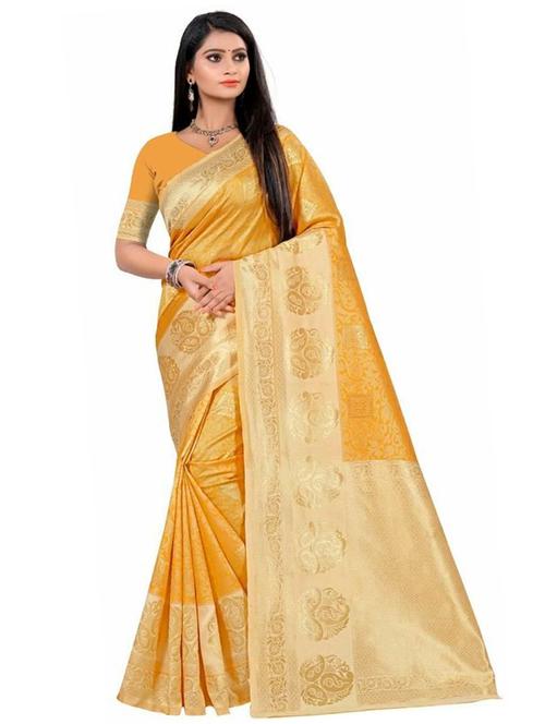 yellow silk blend kanjivaram saree with blouse - 19940925 - Very Small Image - 1