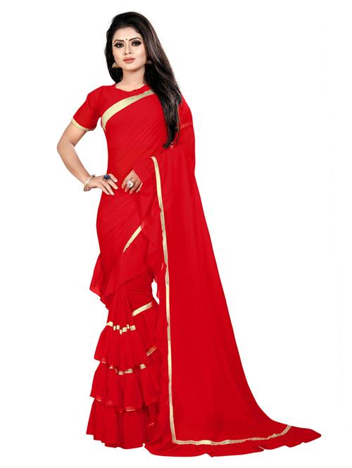 solid bordered ruffled saree with blouse - 19941200 - Very Small Image - 1