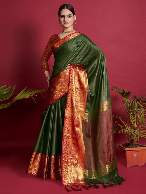 green cotton blend saree with blouse - 19941522 - Very Small Image - 1