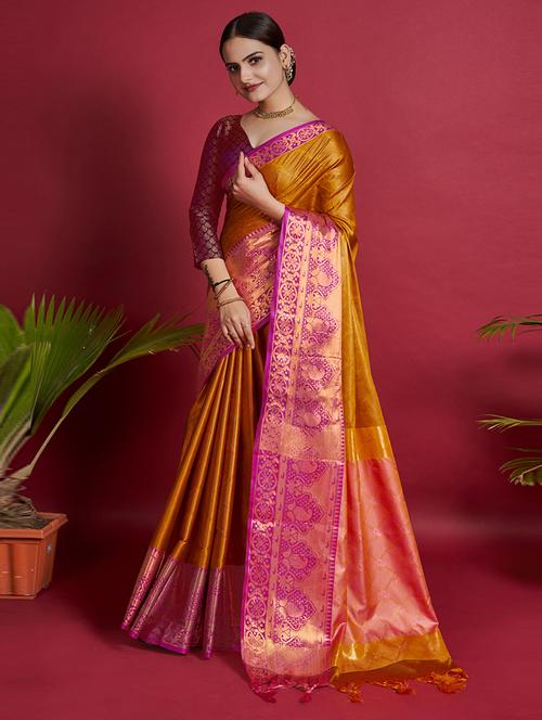 orange cotton blend saree with blouse - 19941531 - Very Small Image - 1
