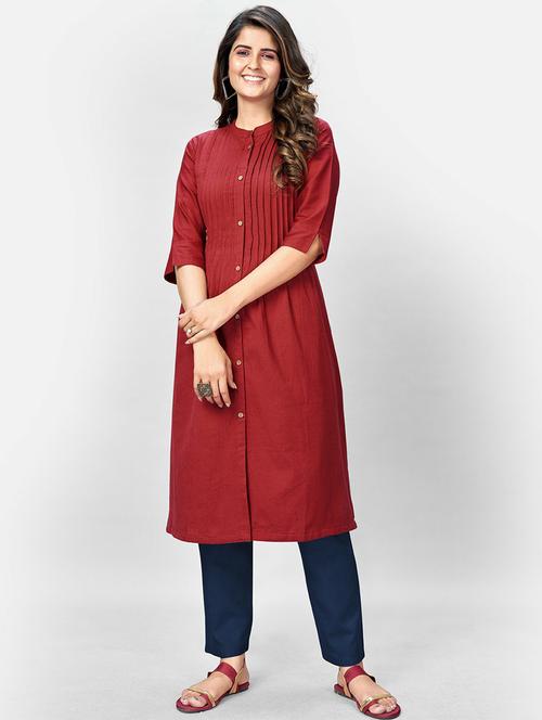 maroon cotton blend straight kurta - 19942991 - Very Small Image - 1