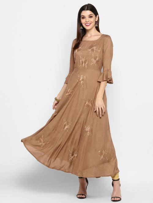 brown viscose flared kurta - 19943059 - Very Small Image - 1