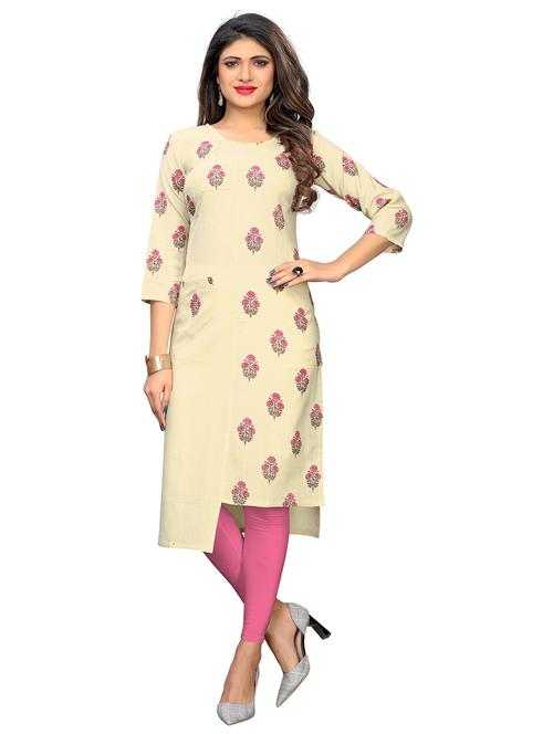 beige cotton blend highlow kurta - 19943097 - Very Small Image - 1