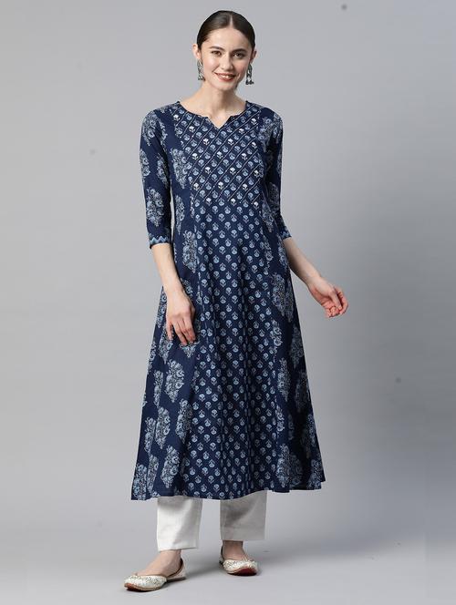 blue cotton aline kurta - 19943125 - Very Small Image - 1