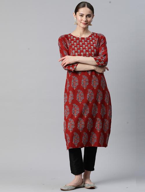 maroon cotton straight kurta - 19943126 - Very Small Image - 1