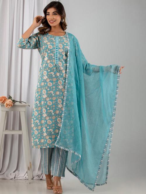 turquoise embellished cotton suit set - 19944897 - Very Small Image - 1