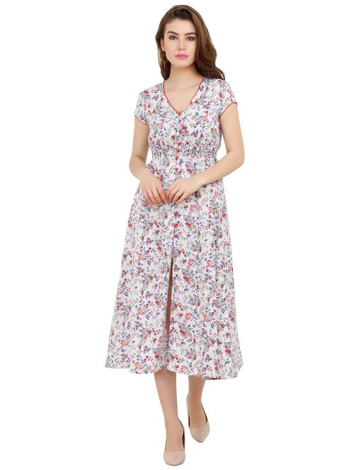 white floral print a-line dress with front slit - 19945142 - Very Small Image - 1