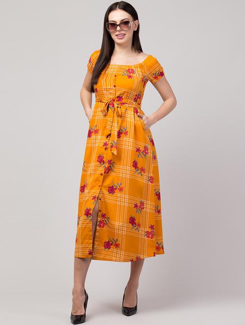orange floral print off-shoulder button up dress - 19945146 - Very Small Image - 1