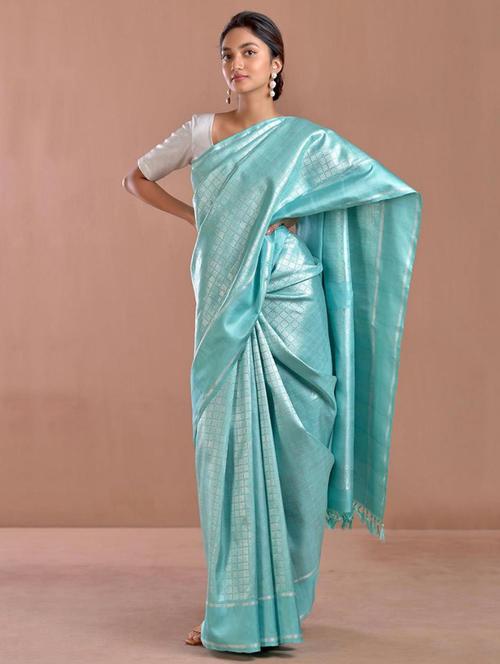 light blue silk blend kanjivaram saree with blouse - 19947512 - Very Small Image - 1