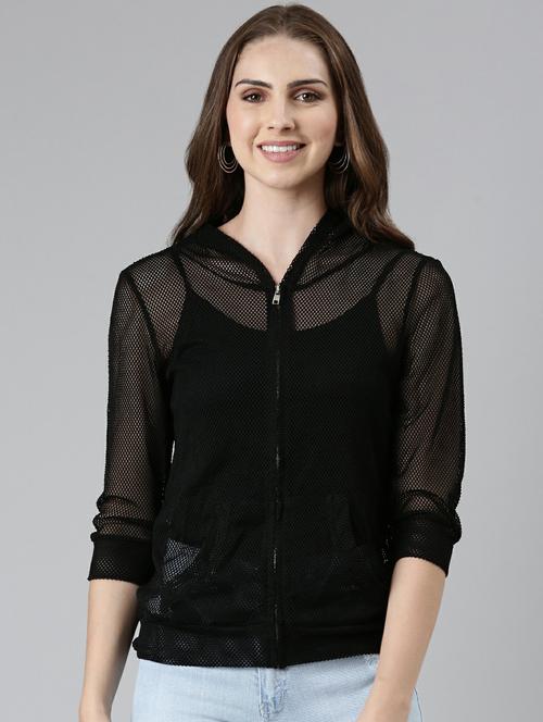 black solid three quater sleeves hooded summer jacket - 19947813 - Very Small Image - 1