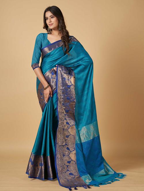 self designed banarasi contrast border saree with blouse - 19947944 - Very Small Image - 1
