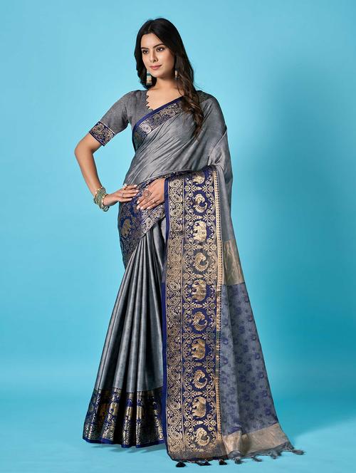 self designed banarasi contrast border saree with blouse - 19947948 - Very Small Image - 1