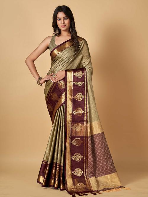 self designed banarasi contrast border saree with blouse - 19947972 - Very Small Image - 1