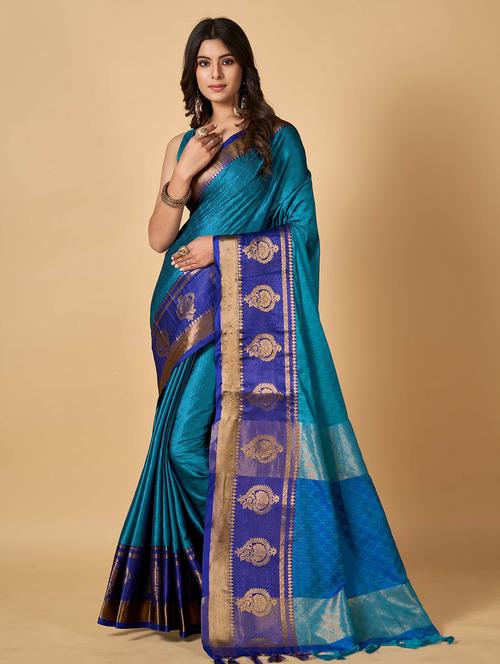 self designed banarasi contrast border saree with blouse - 19947973 - Very Small Image - 1