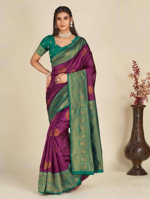 purple self design banarasi saree with blouse - 19948009 - Very Small Image - 1