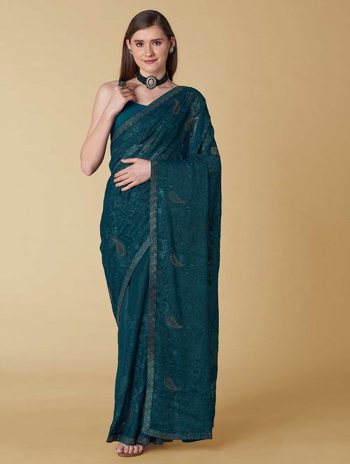 teal embroidered saree with blouse - 19948032 - Very Small Image - 1
