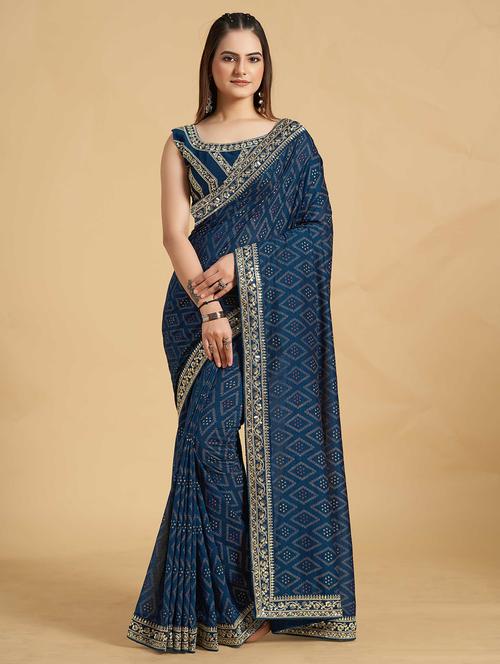 teal printed bordered saree with blouse - 19948033 - Very Small Image - 1