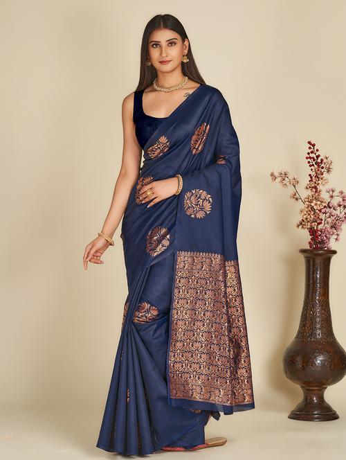 navy blue self design banarasi saree with blouse - 19948036 - Very Small Image - 1
