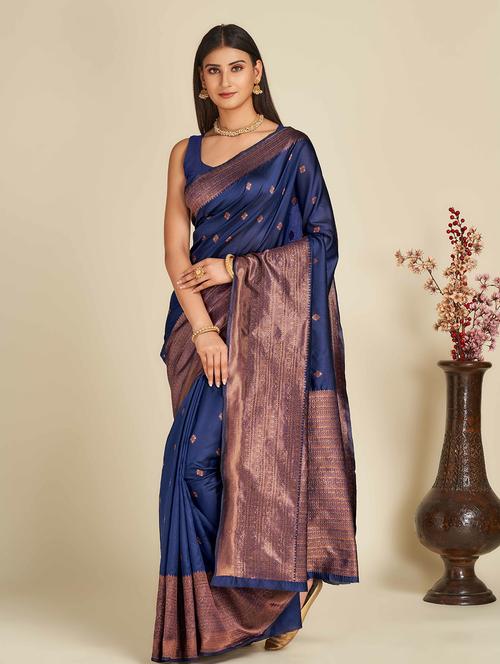 navy blue self design banarasi saree with blouse - 19948038 - Very Small Image - 1