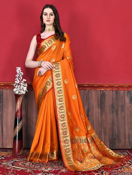 orange art silk paithani saree with blouse - 19948084 - Very Small Image - 1