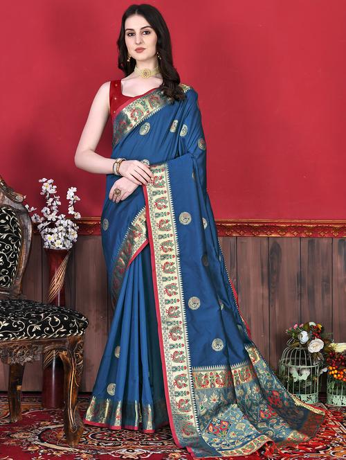 dark blue art silk paithani saree - 19948085 - Very Small Image - 1