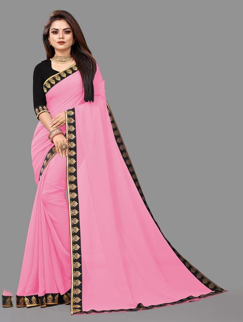 women's bordered pink colored saree with blouse - 19949189 - Very Small Image - 1