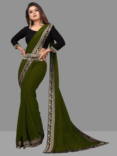women's solid green colored saree with blouse - 19949488 - Very Small Image - 1