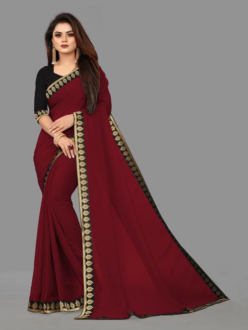 women's solid maroon colored saree with blouse - 19949593 - Very Small Image - 1