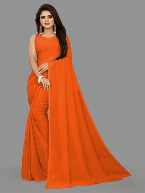 women's solid orange colored saree with blouse - 19949648 - Very Small Image - 1