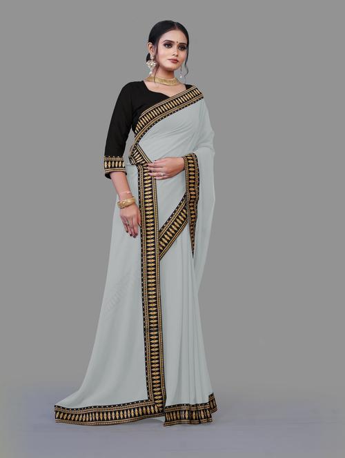 women's bordered grey colored saree with blouse - 19949714 - Very Small Image - 1