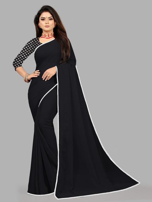 women's solid black colored saree with blouse - 19950098 - Very Small Image - 1