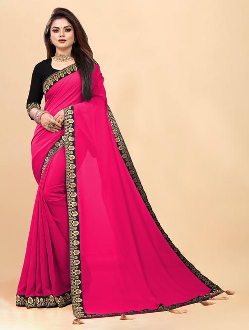 women's bordered pink colored saree with blouse - 19950100 - Very Small Image - 1