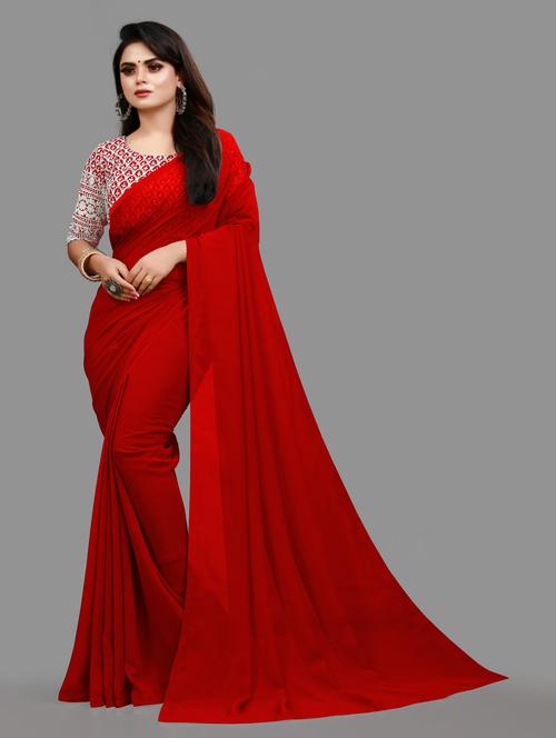 women's solid red colored saree with blouse - 19950101 - Very Small Image - 1