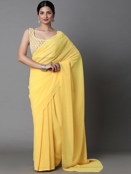 women's solid yellow colored saree with blouse - 19950104 - Very Small Image - 1