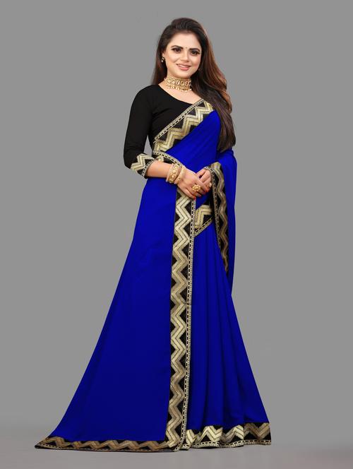 women's bordered navy blue colored saree with blouse - 19950107 - Very Small Image - 1