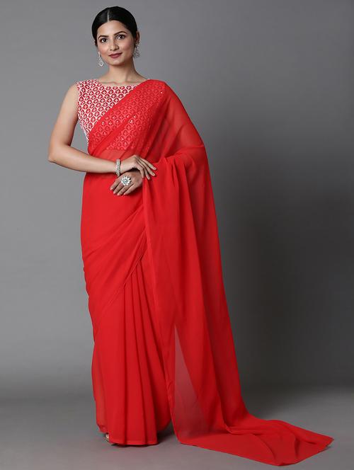 red georgette plain saree with blouse - 19950129 - Very Small Image - 1