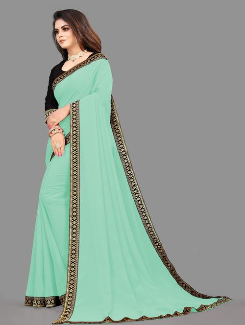 women's bordered ai aqua colored saree with blouse - 19950421 - Very Small Image - 1