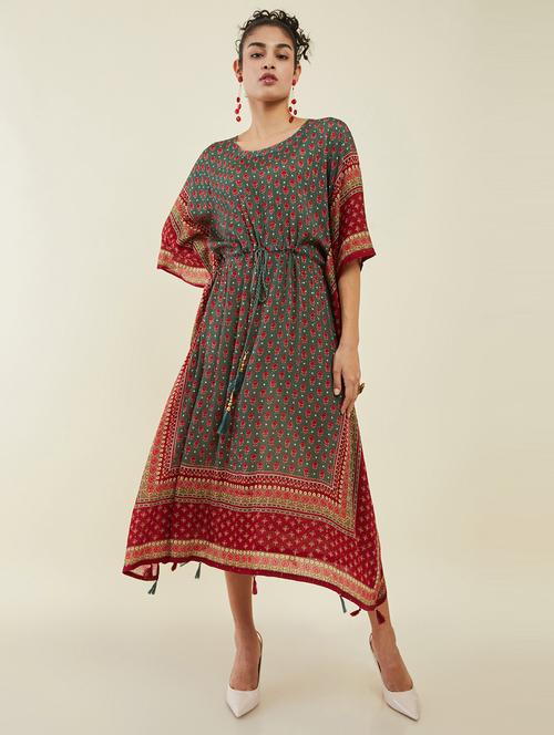 green printed round neck kaftan dresses - 19954007 - Very Small Image - 1