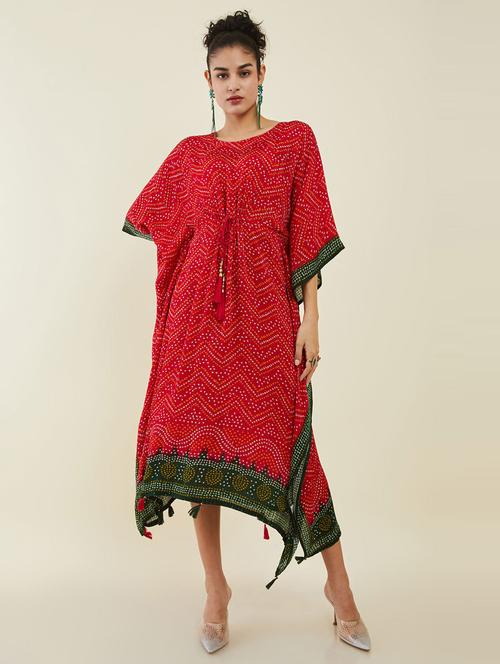 red bandhani print round neck kaftan dresses - 19954016 - Very Small Image - 1